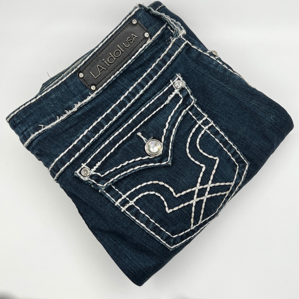 LA Idol USA Bootcut Jeans Womens 15 Dark Blue Good Rhinestone Thick Stitch Y2K